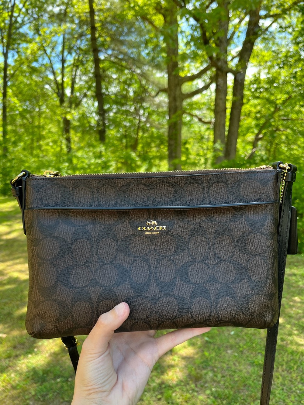 Coach Signature Brown Black Crossbody Bag Gold Hardware